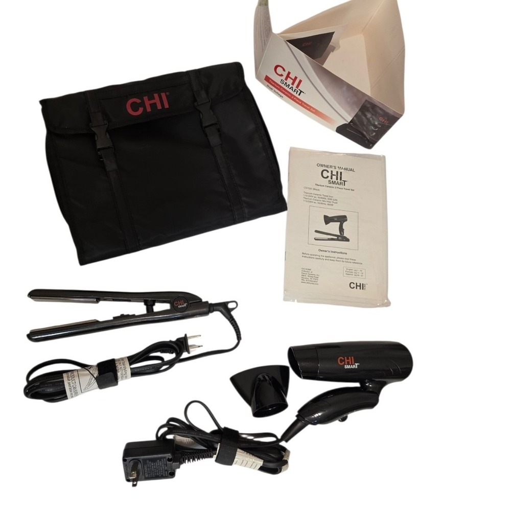 CHI Smart Titanium Ceramic 2 Piece Travel Set Hair Dryer Flat Iron Black Bag